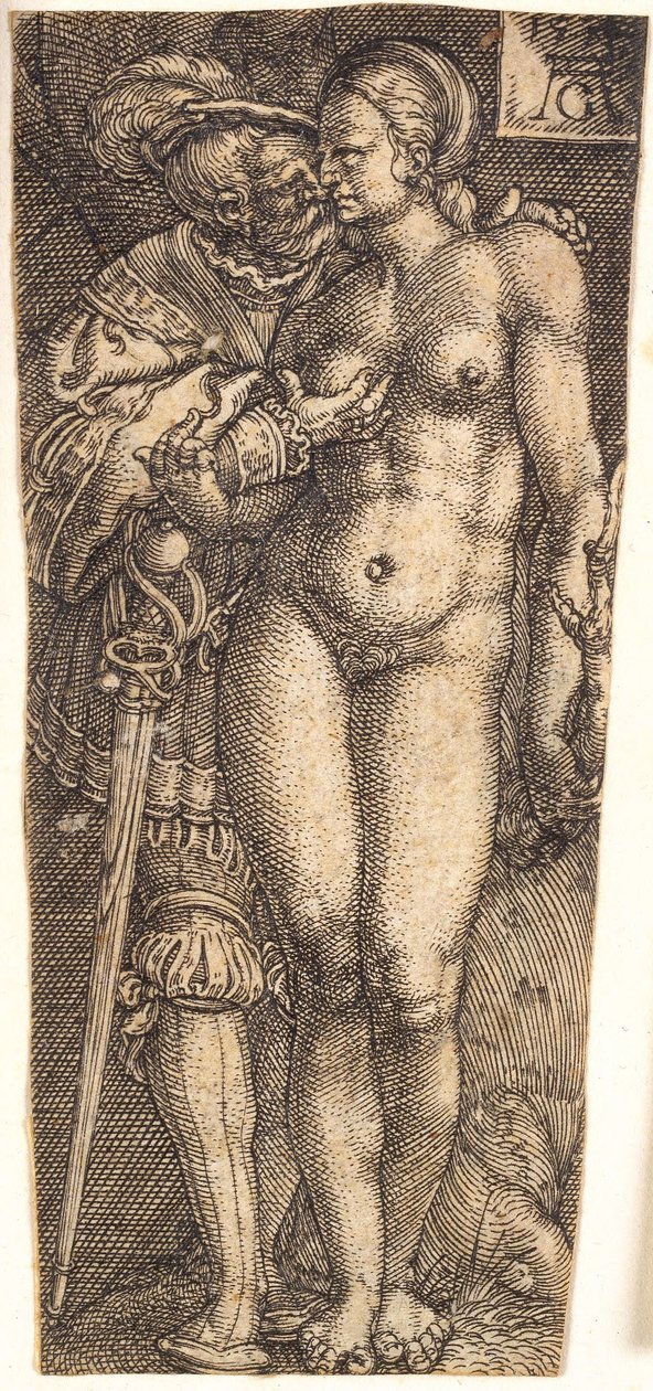 Design di guaina con soldato e donna nuda da Heinrich Aldegrever