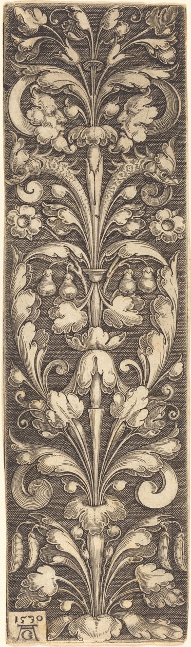 Ramo di fogliame ornamentale con due maschere e due delfini, 1530 da Heinrich Aldegrever