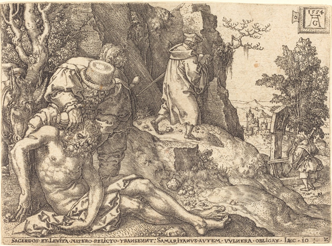 Il buon samaritano che assiste il viaggiatore, 1554 da Heinrich Aldegrever