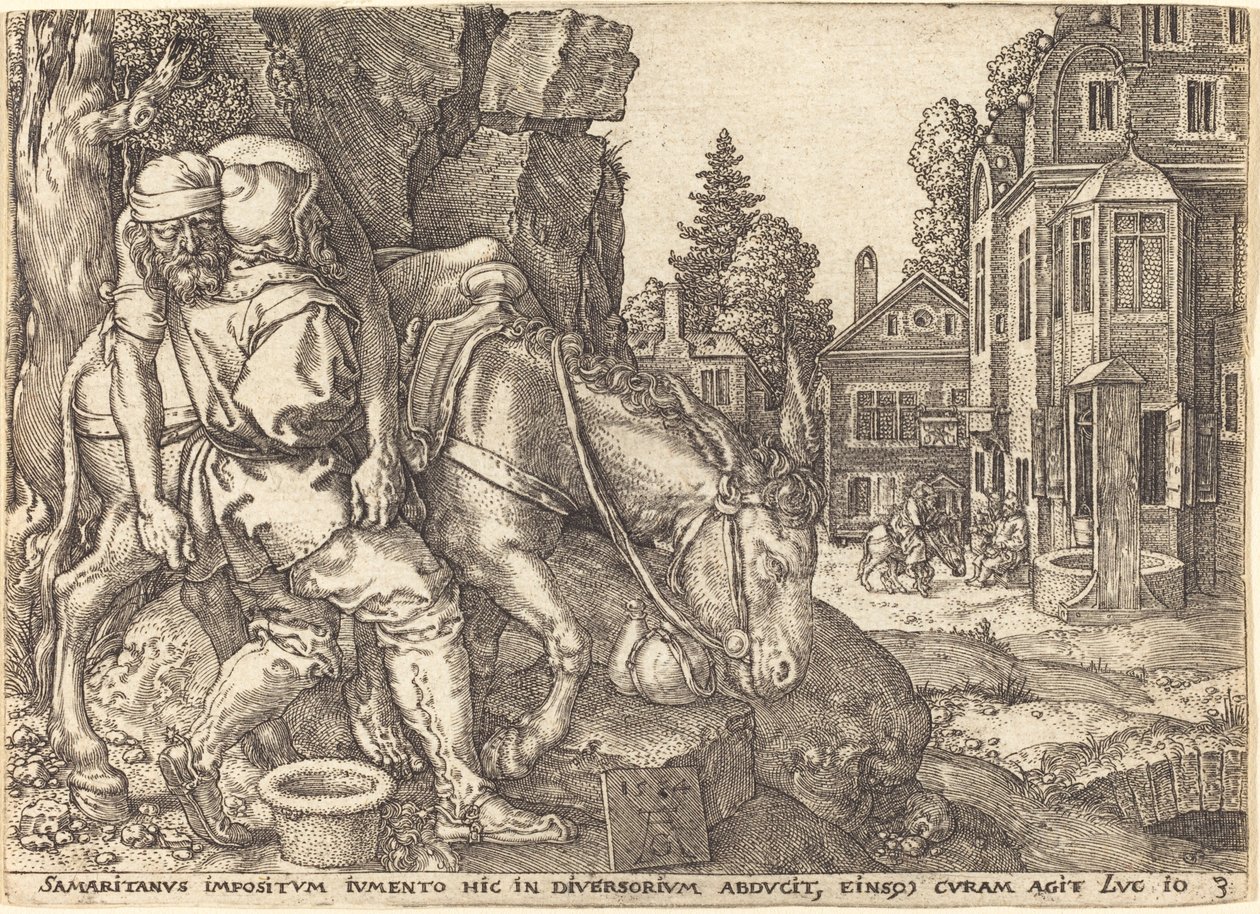 Il buon samaritano che mette il viaggiatore su un mulo da Heinrich Aldegrever
