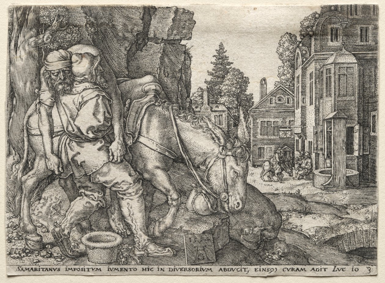 La parabola del buon samaritano: il buon samaritano mette il viaggiatore sul suo asino da Heinrich Aldegrever