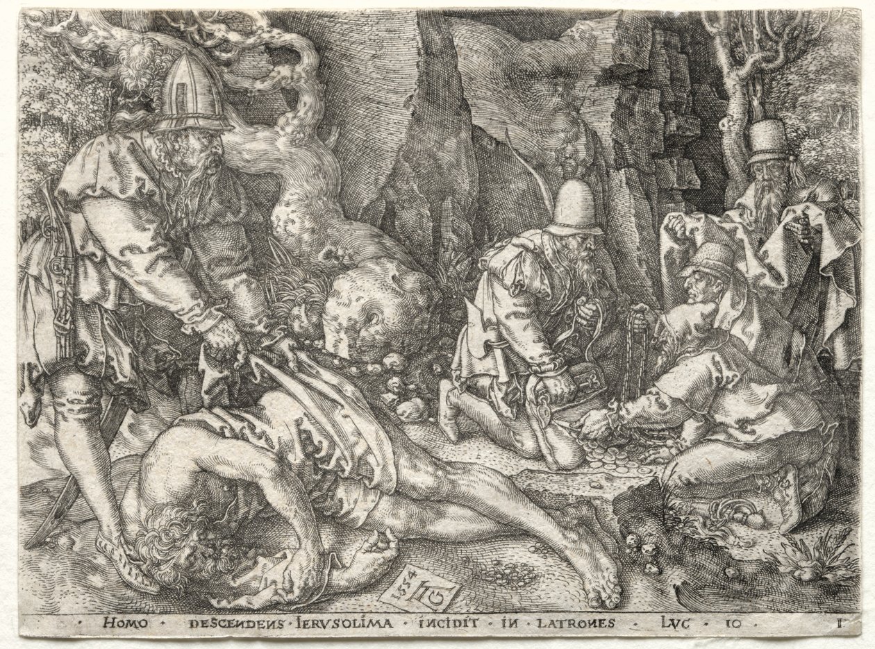 La Parabola del Buon Samaritano: I Ladri che Attaccano i Viaggiatori da Heinrich Aldegrever