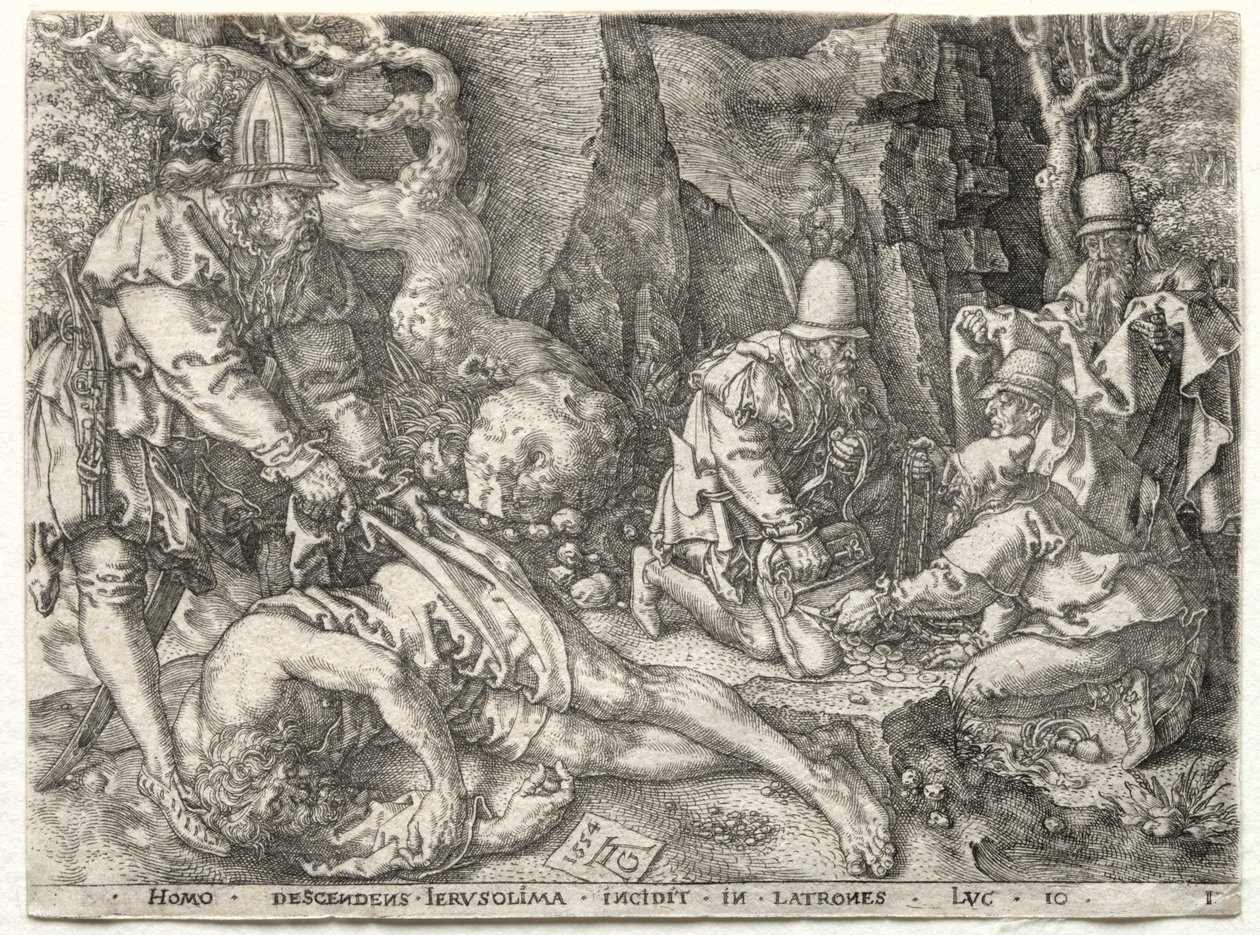 La parabola del buon samaritano: I ladri che attaccano i viaggiatori, 1554 da Heinrich Aldegrever