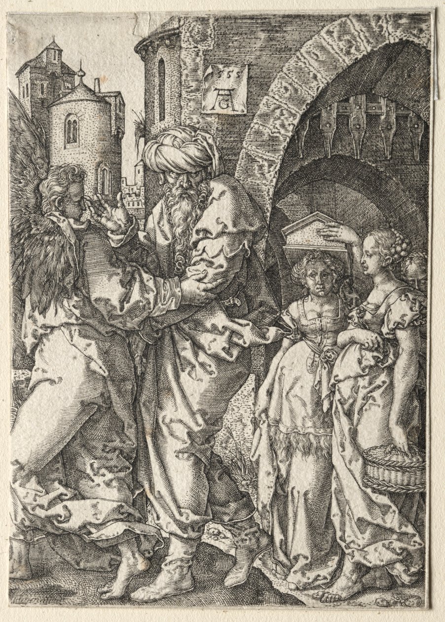 La storia di Lot: Lot e la sua famiglia fuggono da Sodoma, 1555 da Heinrich Aldegrever
