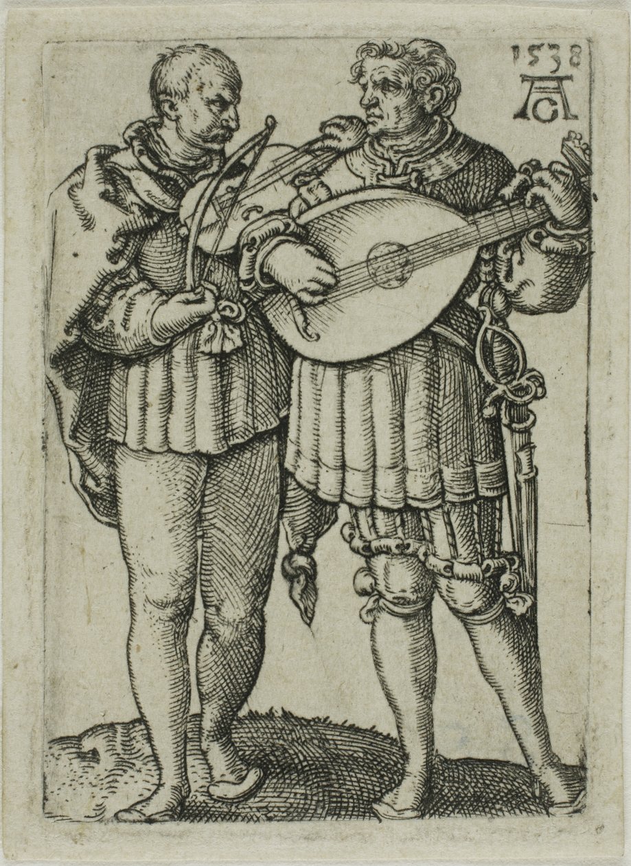 Due musicisti che suonano il violino e il liuto, tavola uno da I piccoli danzatori di nozze da Heinrich Aldegrever