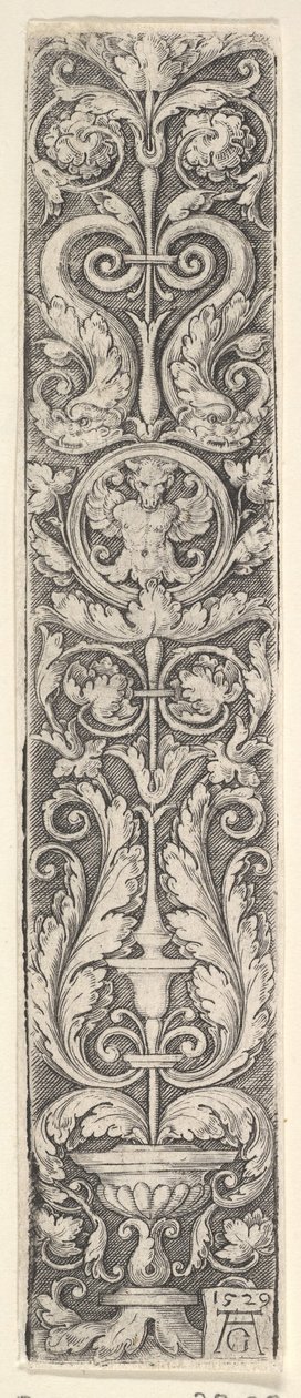 Pannello verticale con un candelabro contenente un medaglione con un centauro e una coppia di delfini, 1529 da Heinrich Aldegrever