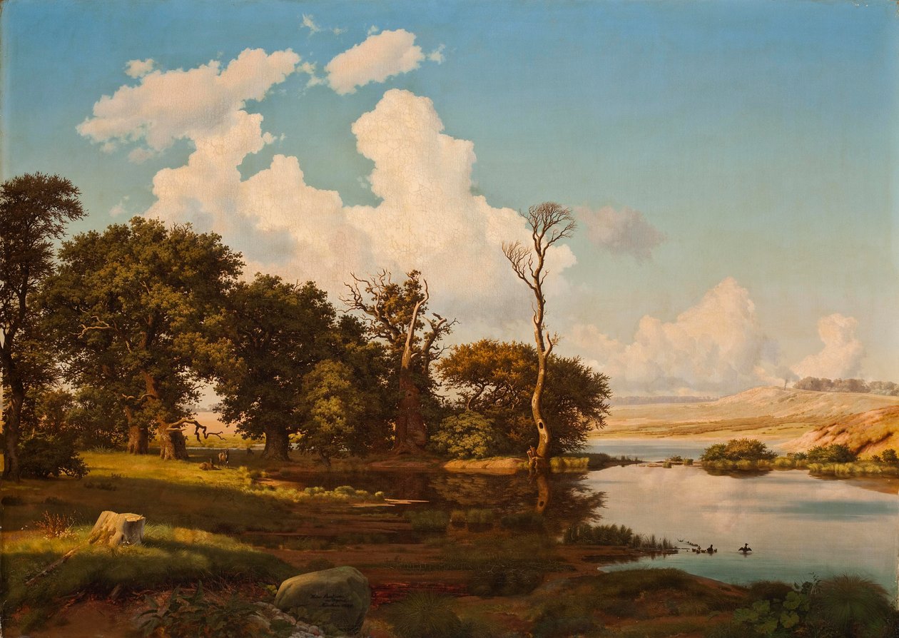 Danese: Paesaggio danese, alberi di quercia vicino a un lago. Paesaggio danese, alberi di quercia vicino a un lago. da Heinrich Buntzen