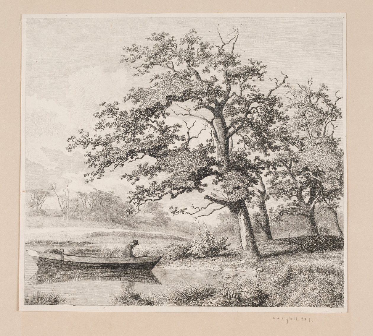 Paesaggio con querce vicino a un lago, dove si vede un vecchio in una barca da Heinrich Buntzen