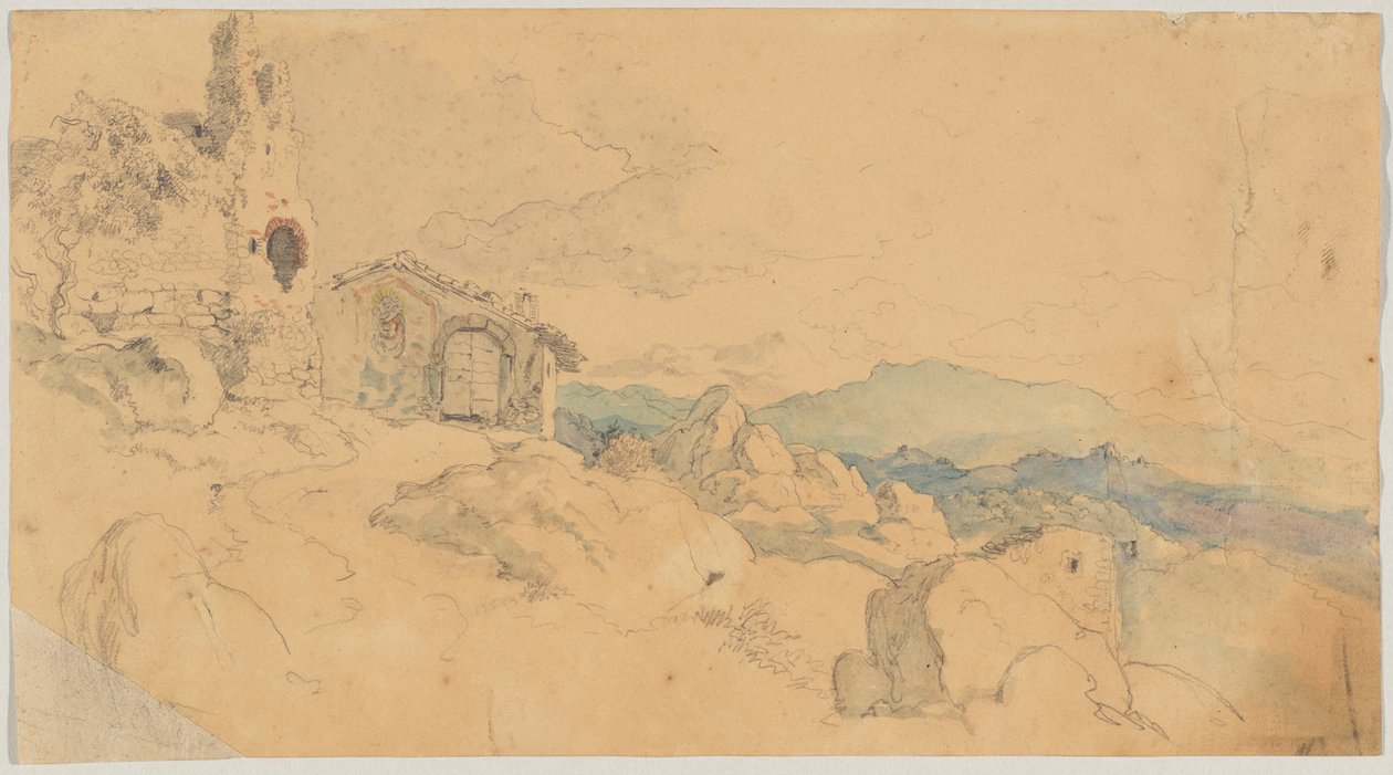 Paesaggio montano con capanna e rovina da Heinrich Burkel