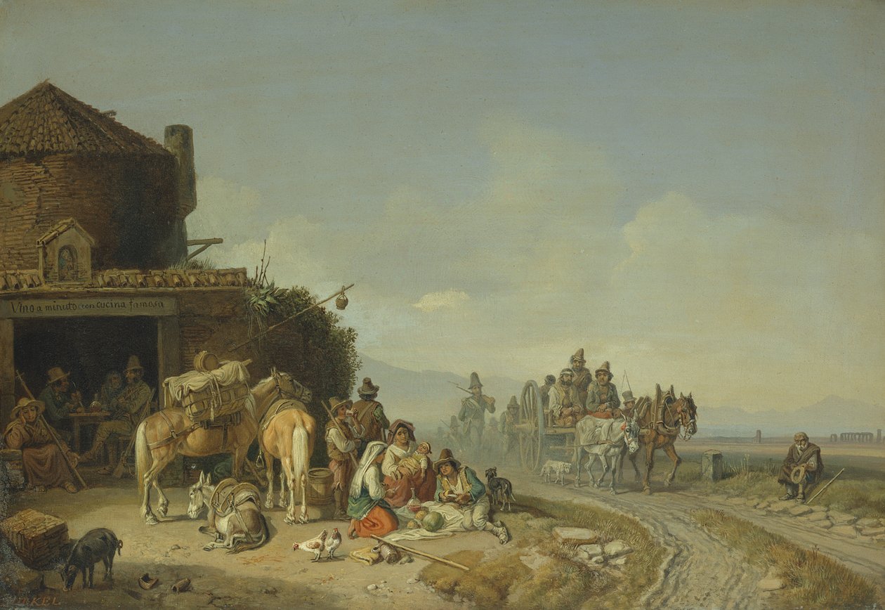 Viaggiatori davanti a una locanda lungo la strada da Heinrich Burkel
