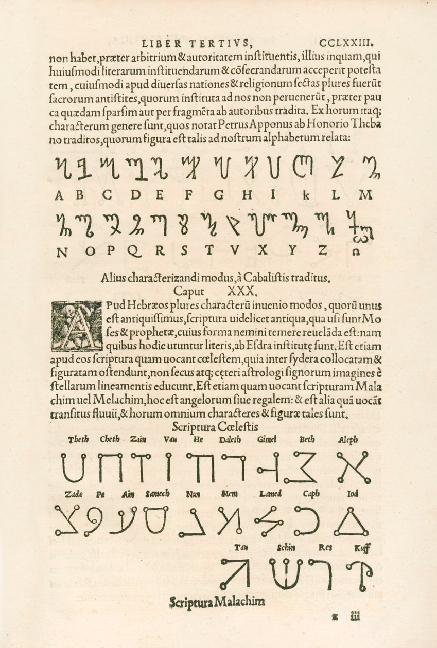 Alfabeto tebano e alfabeto celeste, incisione da De occulta philosophia libri tres di Heinrich Cornelius Agrippa von Nettesheim da Heinrich Cornelius Agrippa von Nettesheim