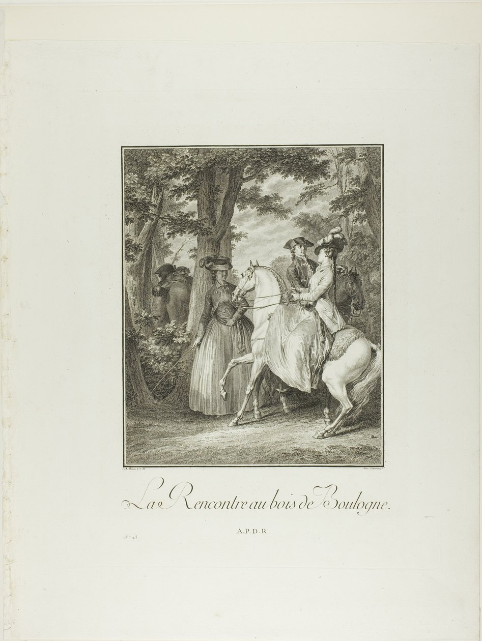 Incontro nel bosco di Boulogne, da Monument du Costume Physique et Moral de la fin du Dix-huitième siècle da Heinrich Guttenberg