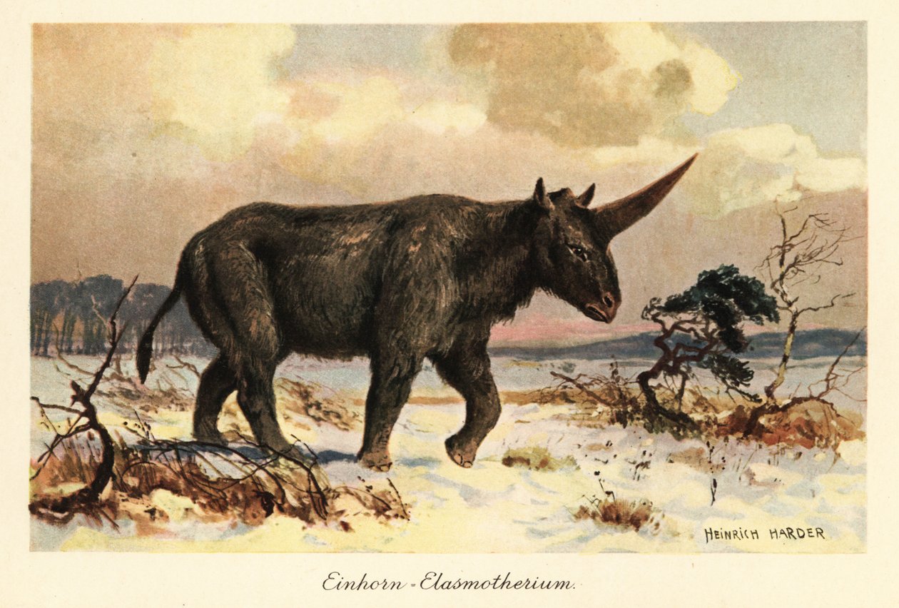 Unicorno siberiano, Elasmotherium sibiricum, su una pianura innevata da Heinrich Harder