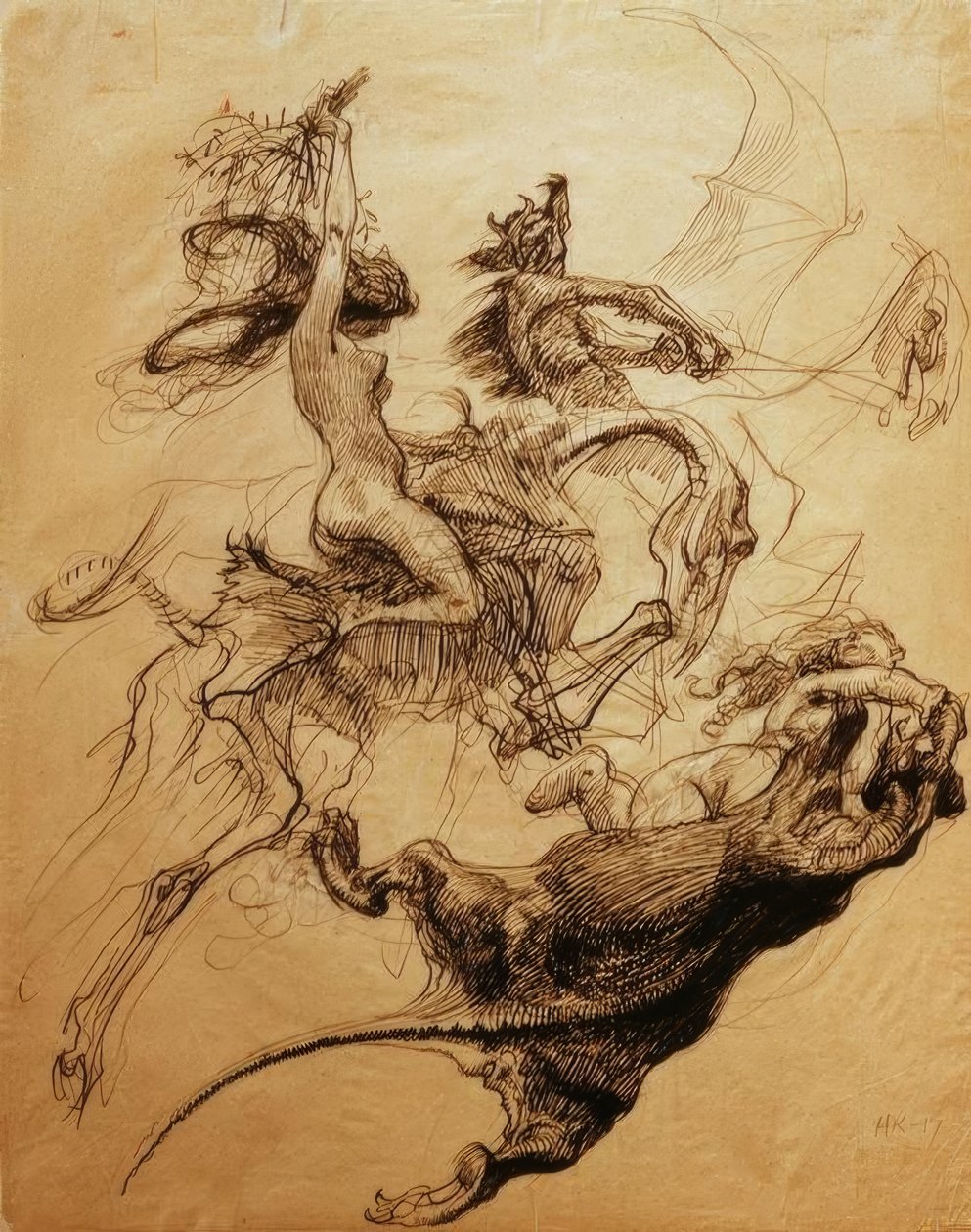 Donna nuda che cavalca uno scheletro e diavolo su uno pterodattilo da Heinrich Kley