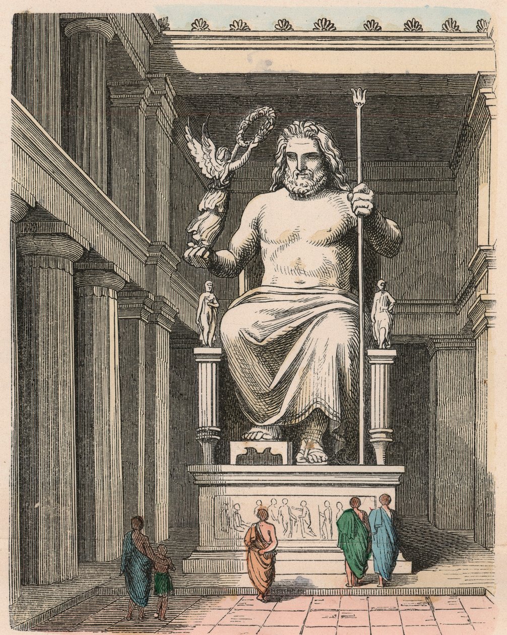 Antica Grecia: Statua di Zeus nel tempio di Olimpia - Scultura di Fidia, c. 440/30 a.C. una delle Sette Meraviglie del Mondo da Heinrich Leutemann