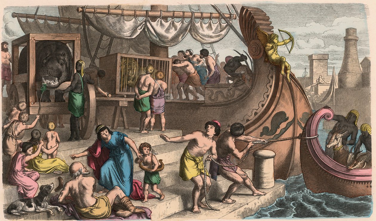 Antica Roma: Viaggio per mare, animali selvatici trasportati per il circo da Heinrich Leutemann