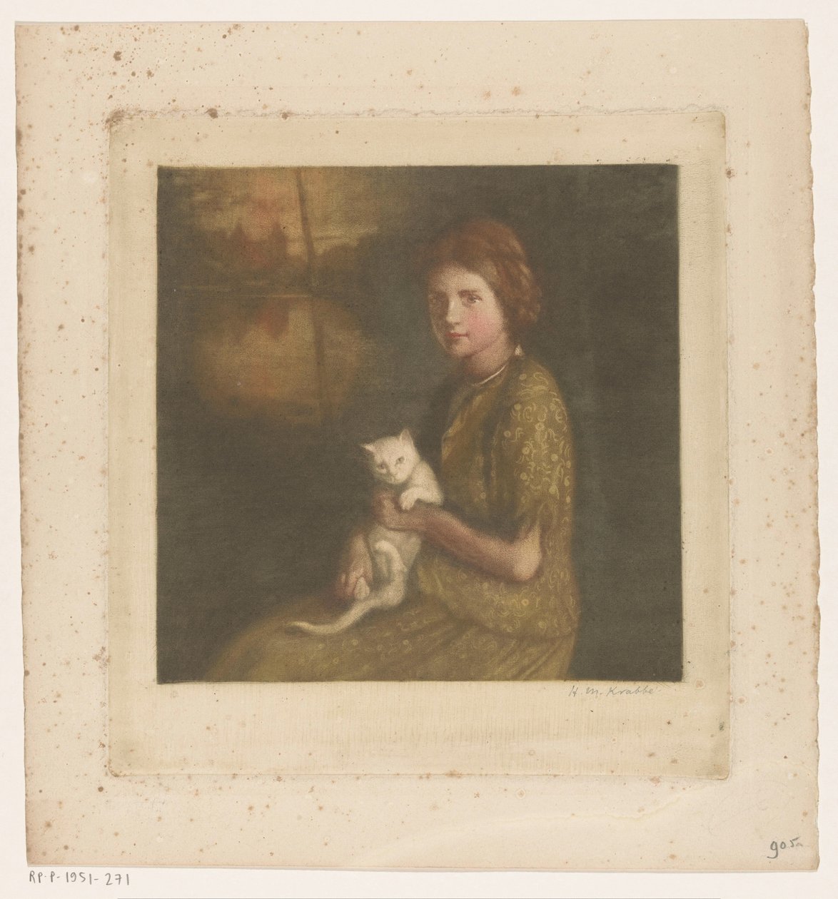 Ragazza con un gatto in grembo da Heinrich M. Krabbé (signed by artist)