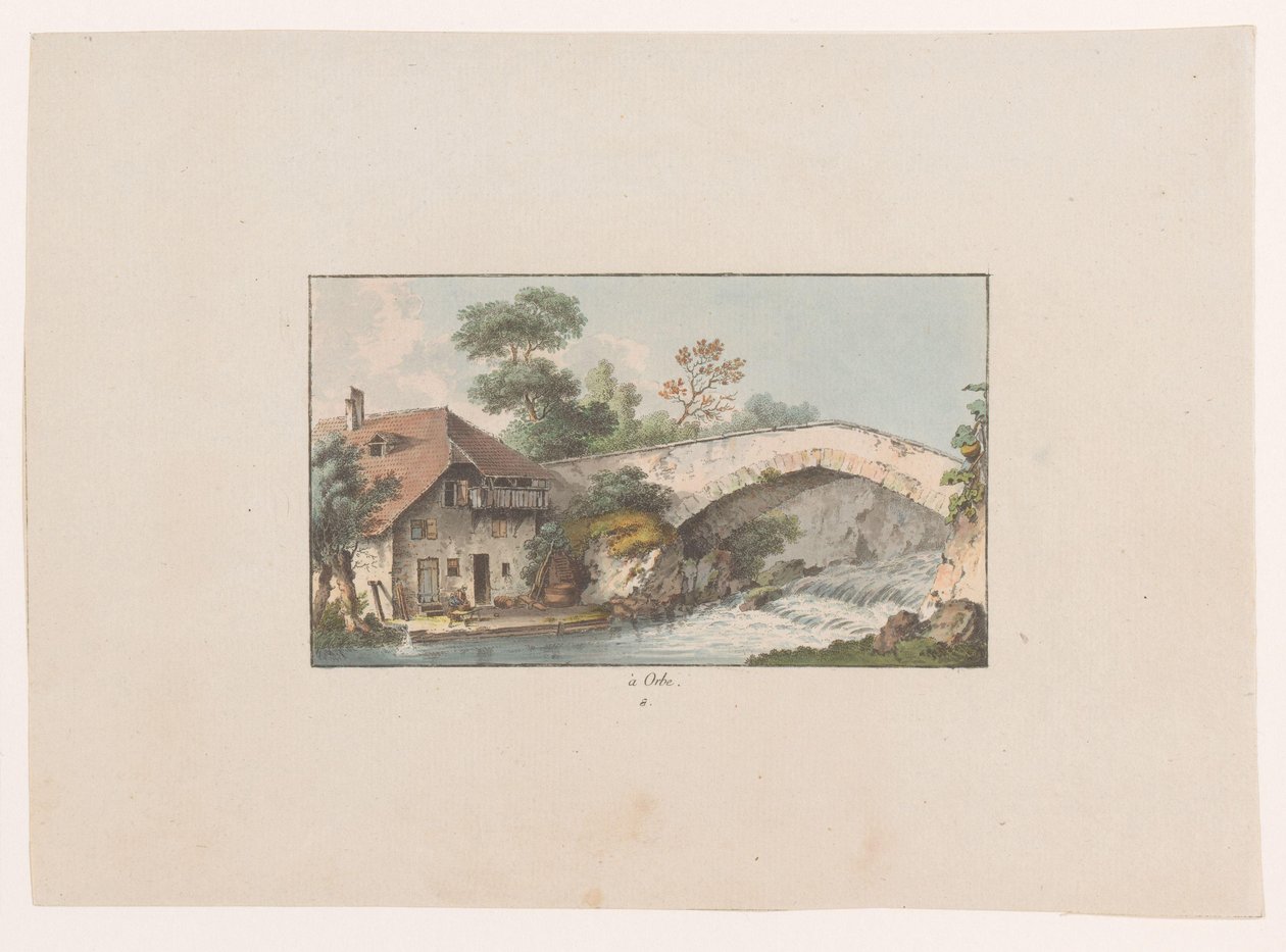 Veduta di una casa vicino a un ponte a Orbe da Heinrich Rieter
