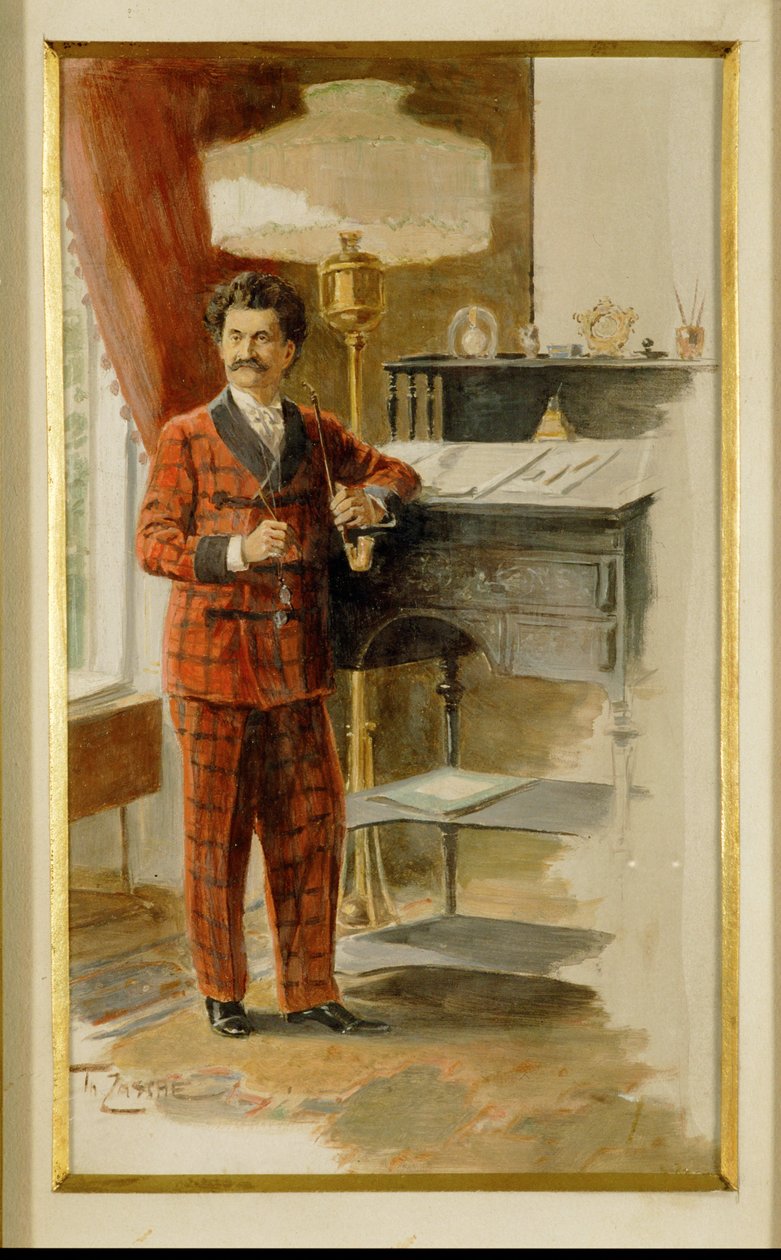 Johann Strauss figlio alla scrivania nel suo studio... (acquerello) da Heinrich Zasche