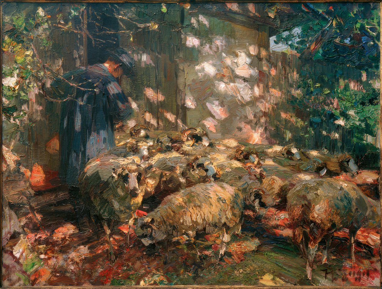 Pastore con pecore davanti alla stalla da Heinrich von Zügel