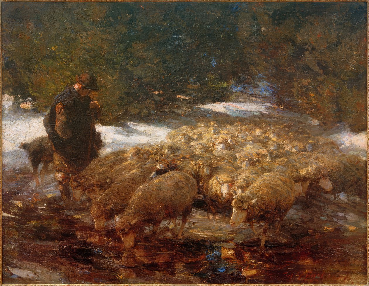 Pastore con pecore nel paesaggio da Heinrich von Zügel