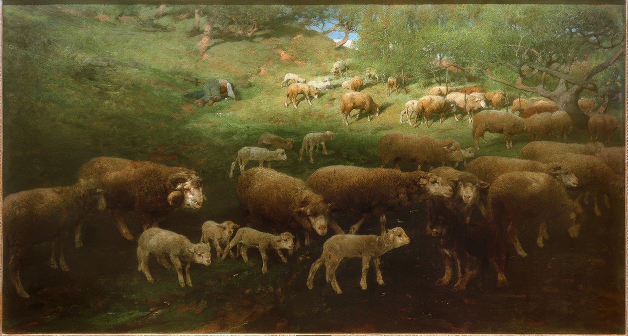 Gregge di pecore con agnelli da Heinrich von Zügel
