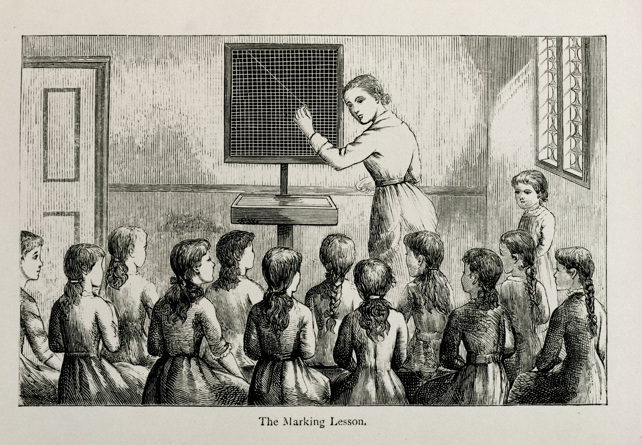 La lezione di marcatura, illustrazione da A Manual of Collective Lessons in Plain Needlework and Knitting, inciso da W.P. e R. Cheshire, pub. 1885 da Helen K. Brietzcke