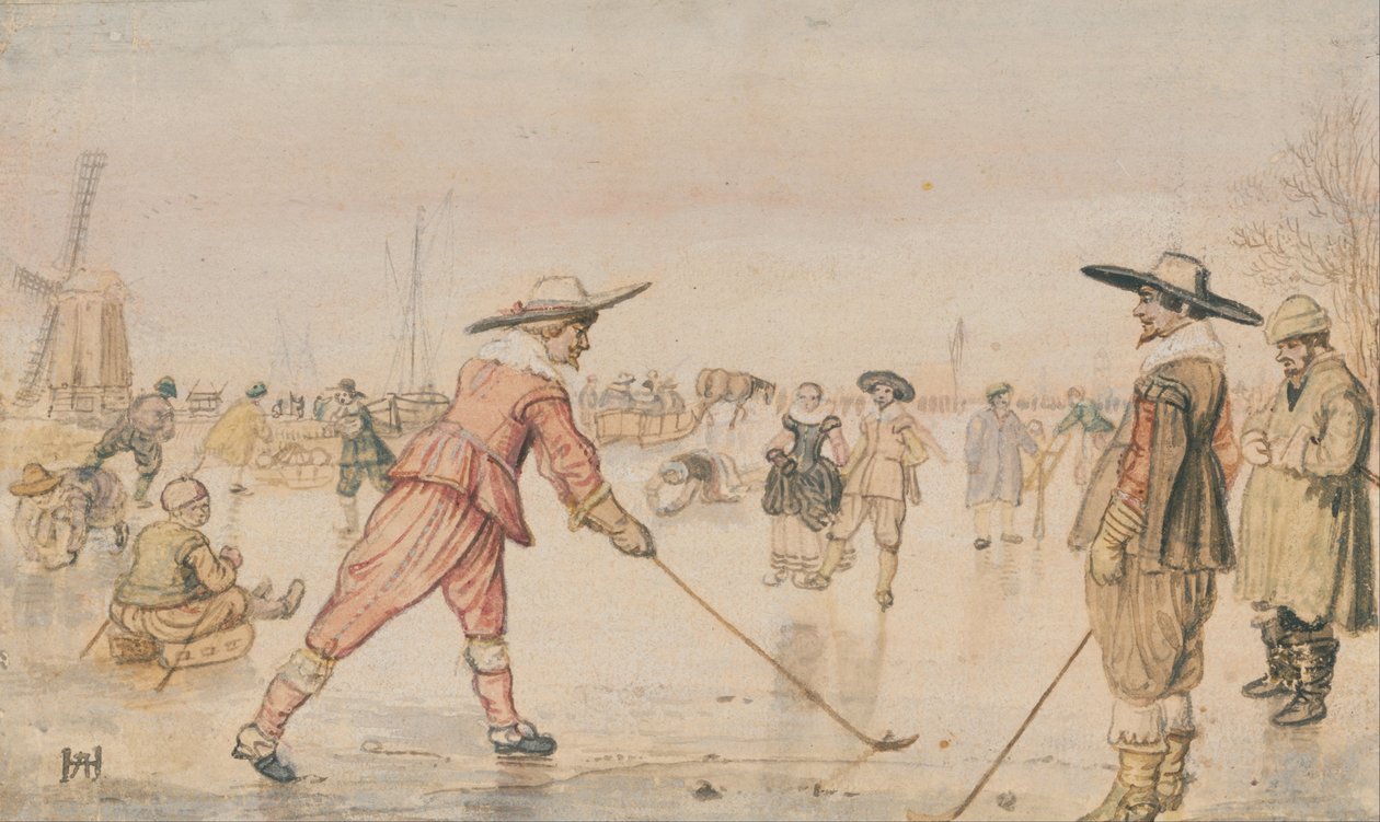 Scena invernale con due gentiluomini che giocano a colf da Hendrick Avercamp