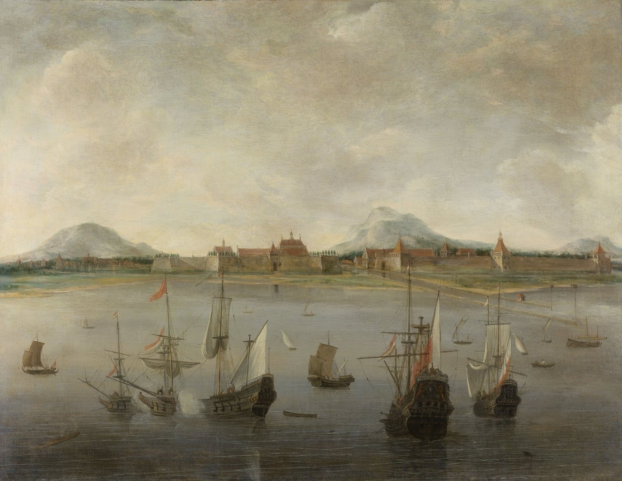 Veduta di Batavia con la catena montuosa del Salak, Pangerango e Gede. 1640-76 da Hendrick Dubbels