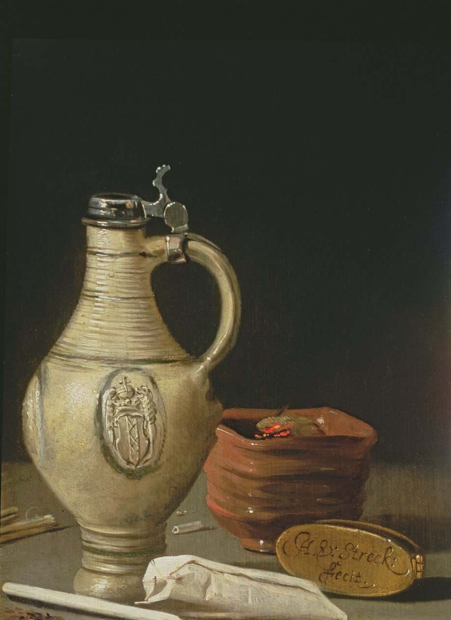 Natura morta con una brocca di terracotta di Amsterdam, ciotola di carbone e sacchetto di tabacco da Hendrick van Streeck