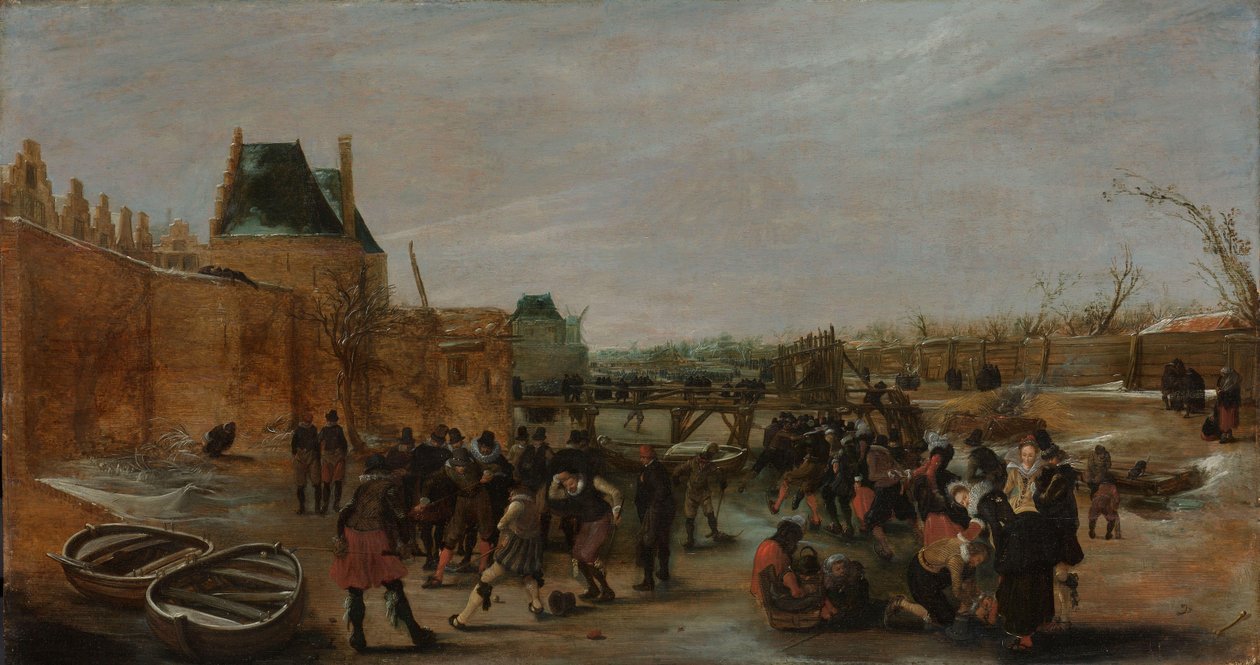 Divertimento su un canale ghiacciato in una città da Hendrick Avercamp (copy after)