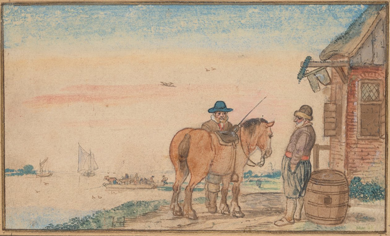 Un cavaliere che parla con un uomo presso una locanda da Hendrick Avercamp