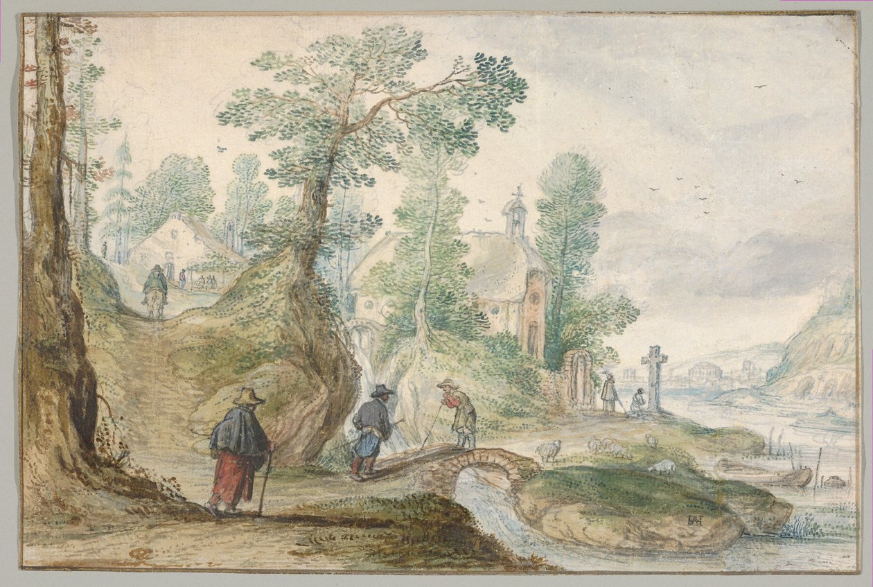 Paesaggio fluviale boscoso con una chiesa e delle figure da Hendrick Avercamp