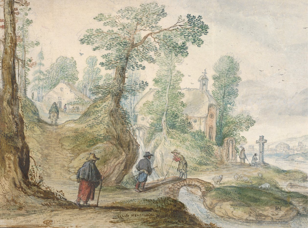 Paesaggio Fluviale Boschivo con una Chiesa e Figure, ca. 1613 da Hendrick Avercamp