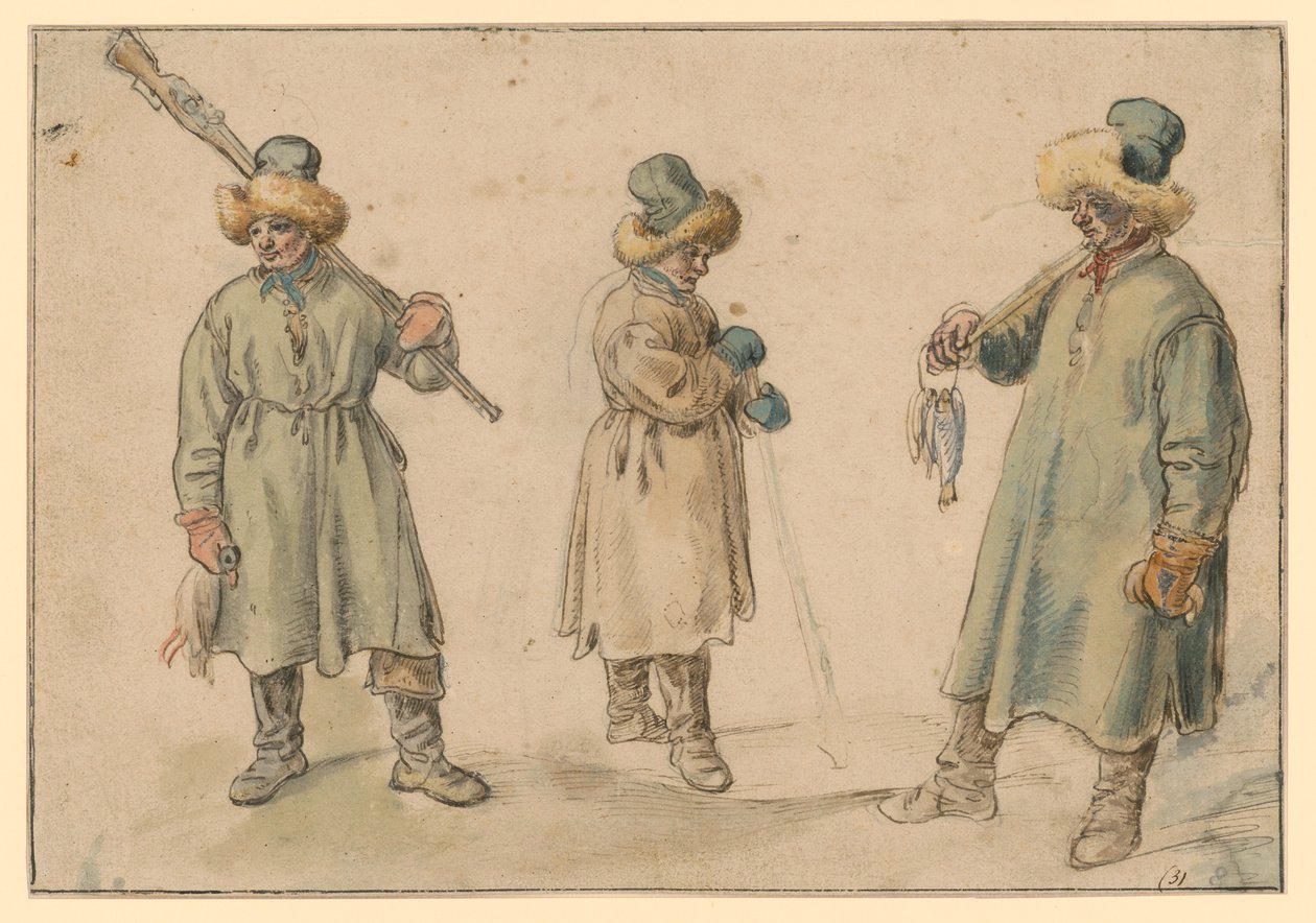 Tre studi di un contadino in abiti invernali da Hendrick Avercamp