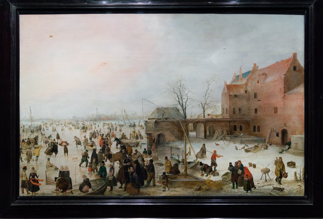 Olandese: IJsgezicht bij een brewery Una scena sul ghiaccio vicino a una città da Hendrick Avercamp