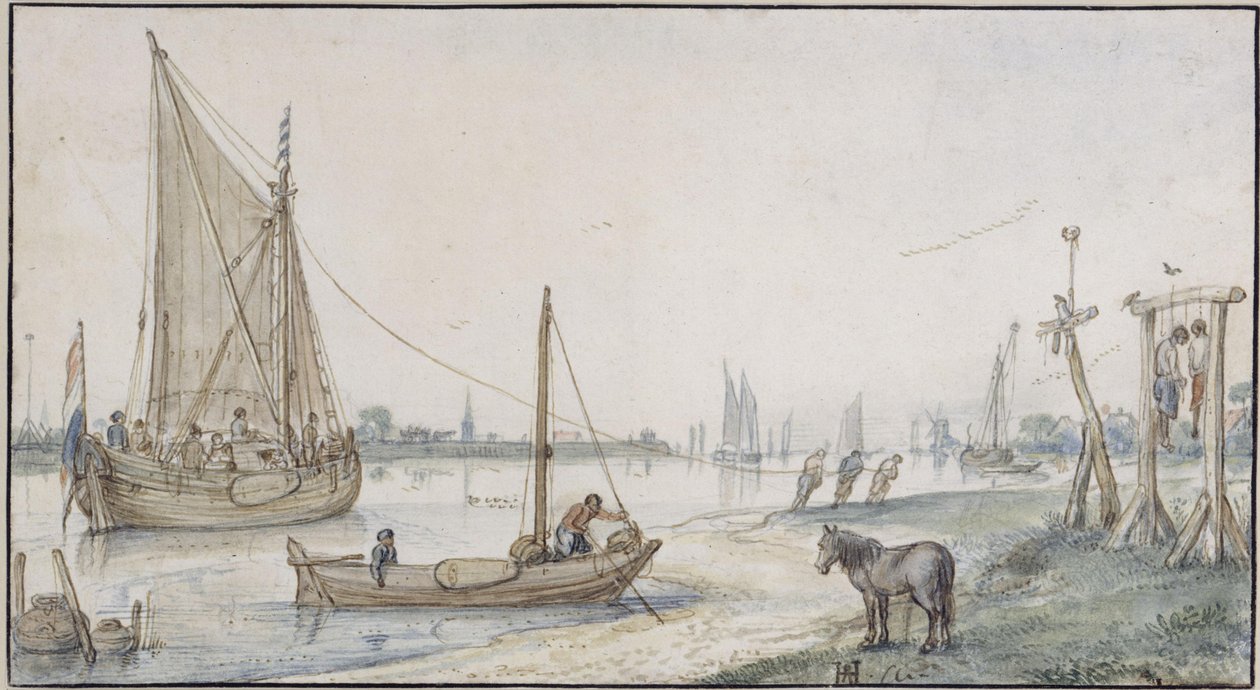 Paesaggio fluviale, con una nave a vela trainata da cavalli; in primo piano a destra, una forca con due impiccati da Hendrick Avercamp