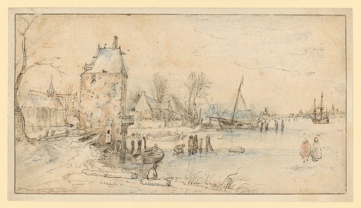 Località con torre di guardia e chiesa sulle rive del lago da Hendrick Avercamp