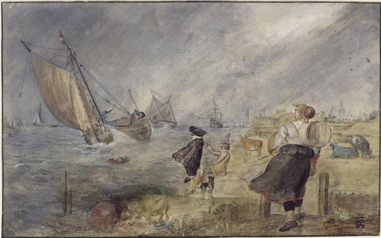 Riva del lago durante una tempesta con figure da Hendrick Avercamp