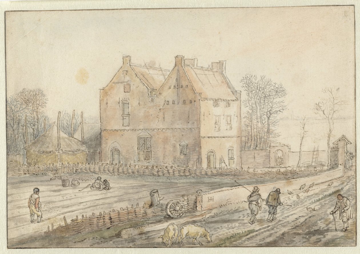 Veduta di una casa di campagna con seminatori nel campo da Hendrick Avercamp