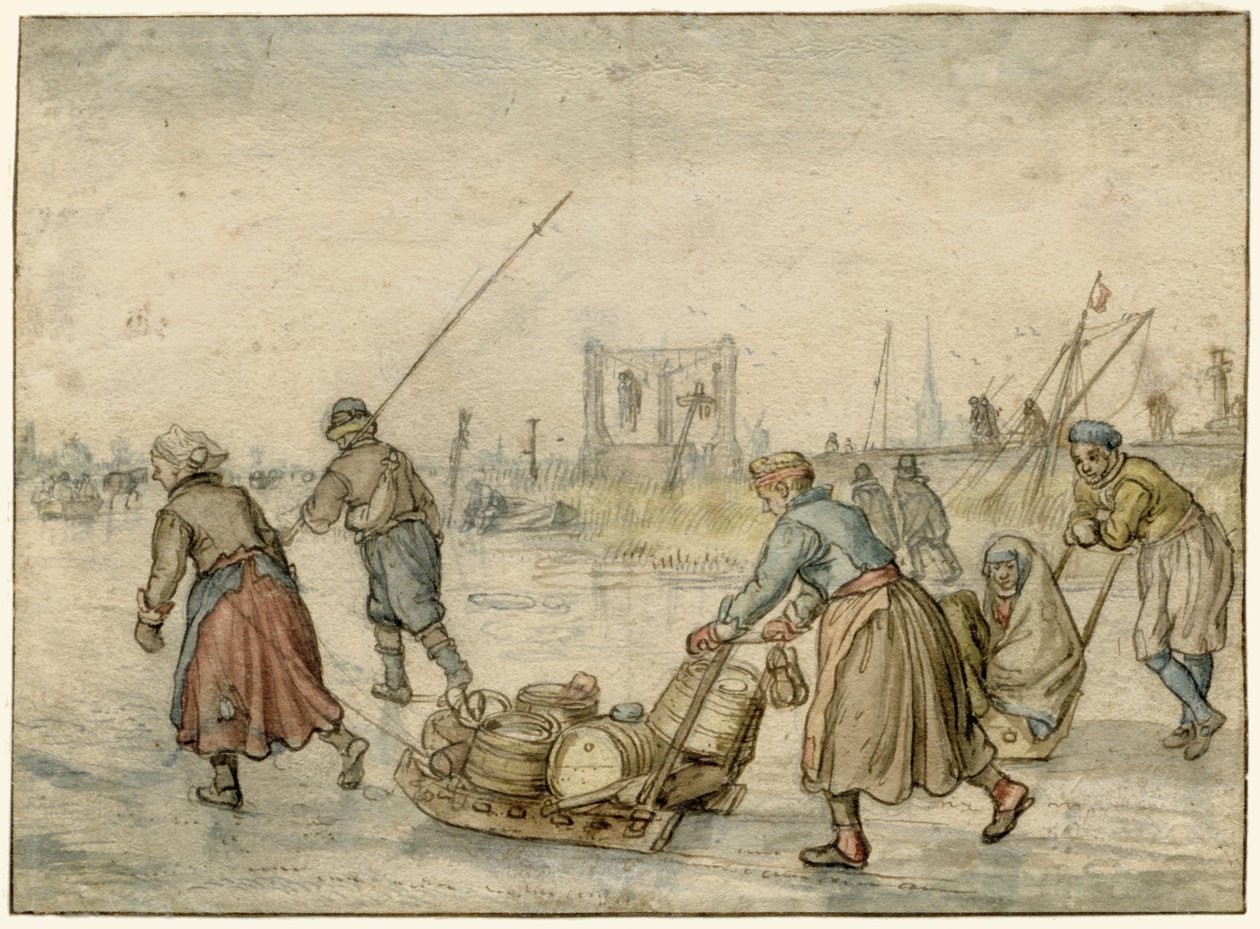 Paesaggio invernale con due donne e una slitta e altre figure sul ghiaccio, una forca in lontananza da Hendrick Avercamp