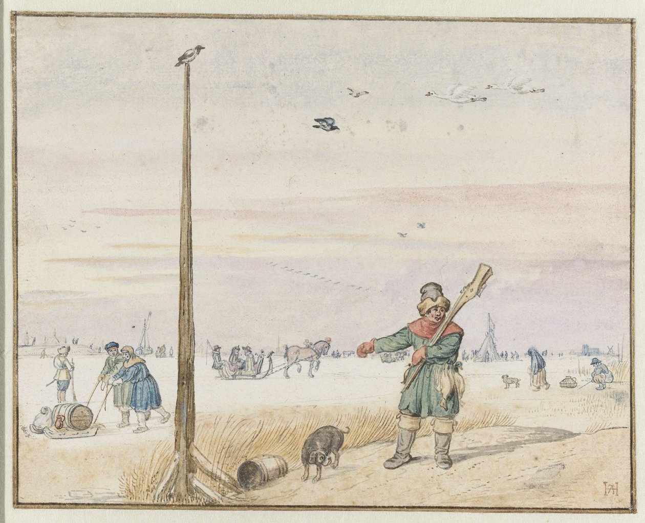 Paesaggio invernale con un cacciatore di anatre con selvaggina nella cintura e fucile sulla spalla sulla riva di un fiume ghiacciato da Hendrick Avercamp