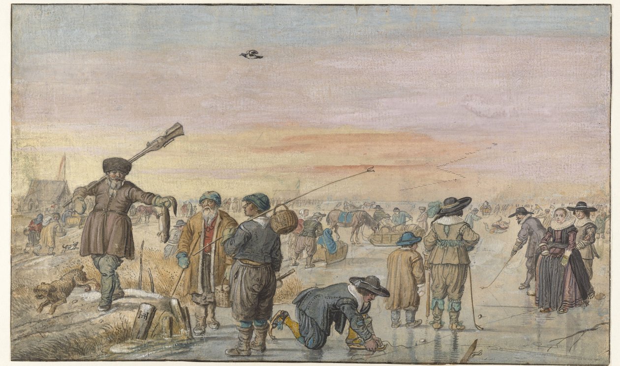 Scena invernale sul ghiaccio, con un cacciatore che mostra una lontra da Hendrick Avercamp