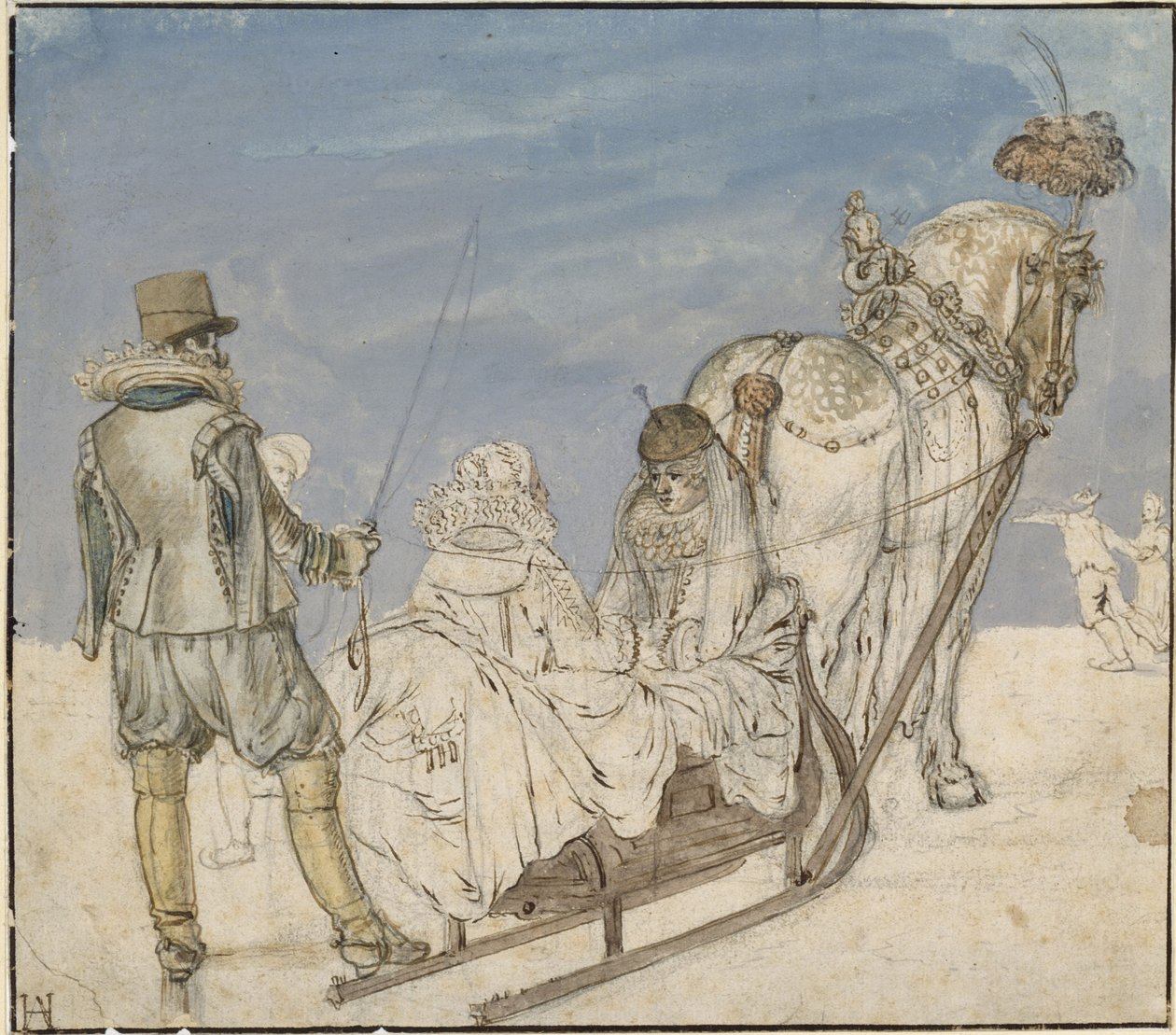 Inverno: slitte sul ghiaccio con due dame e un gentiluomo da Hendrick Avercamp