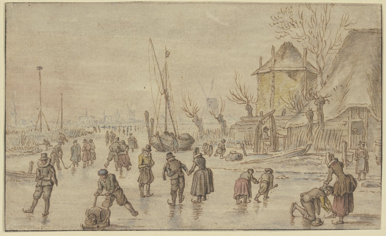Paesaggio invernale, sul ghiaccio ci sono molti pattinatori; a destra, un uomo allaccia i pattini a una donna da Hendrick Avercamp