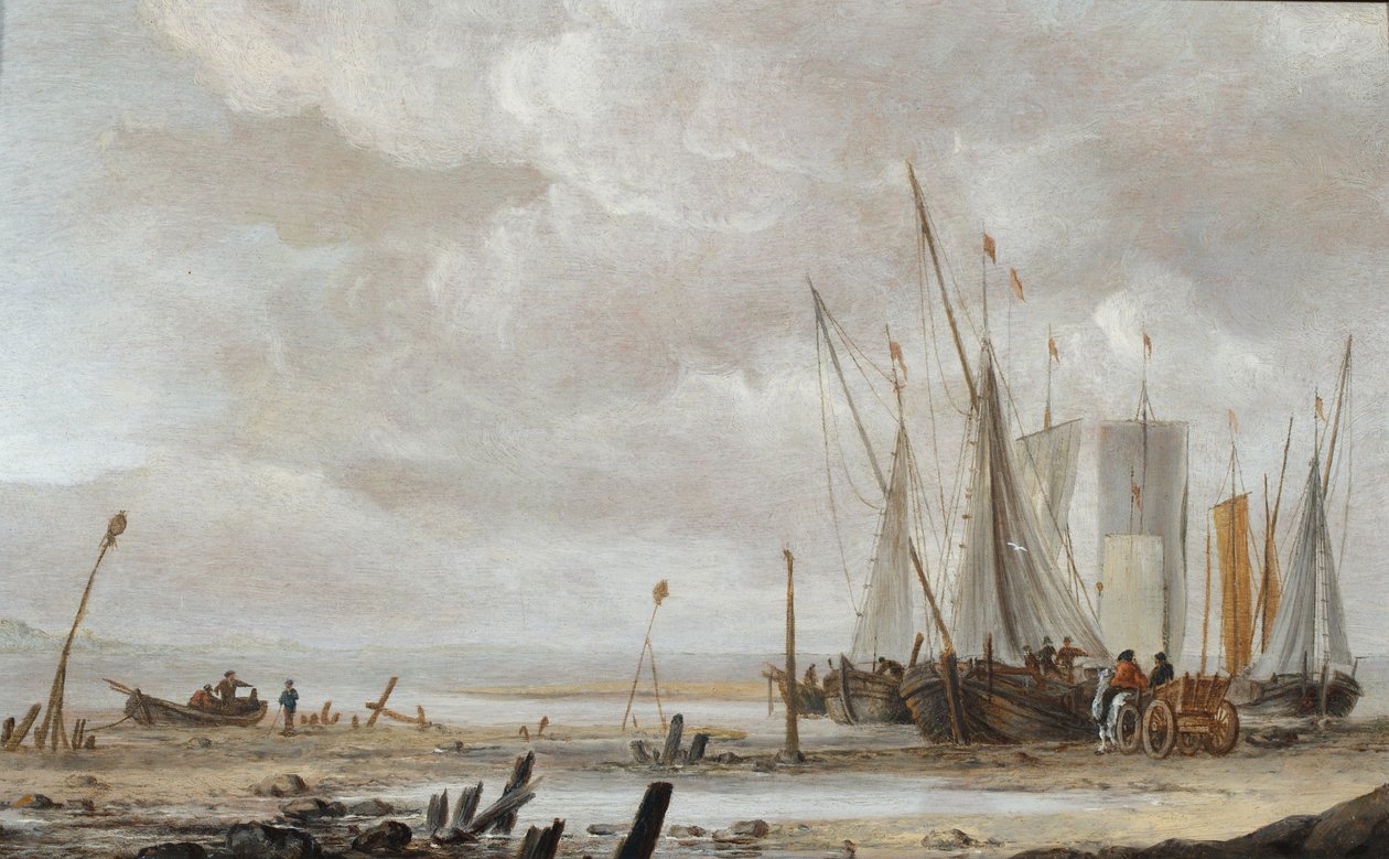 Una scena di spiaggia con barche da pesca accostate da Hendrick Dubbels