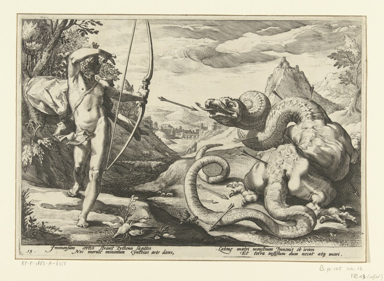 Apollo uccide il serpente gigante Pitone da Hendrick Goltzius (workshop of)