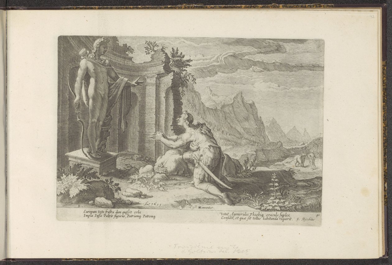 Cadmus vraagt het orakel van Delphi wat hem te doen staat nu hij zijn zuster Europa niet heeft kunnen vinden da Hendrick Goltzius (workshop of)