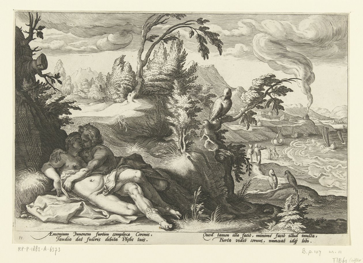 Corvo sorprende la ragazza Coronide (Metamorfosi di Ovidio, serie) da Hendrick Goltzius (workshop of)