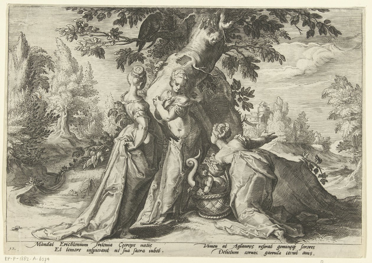 Le figlie di Cecrope aprono il cesto di Minerva (Metamorfosi di Ovidio) da Hendrick Goltzius (workshop of)